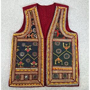 VTG Handmade Embroidered Mirrorwork Vest Tribal Ethnic Festival Textile Red Art
